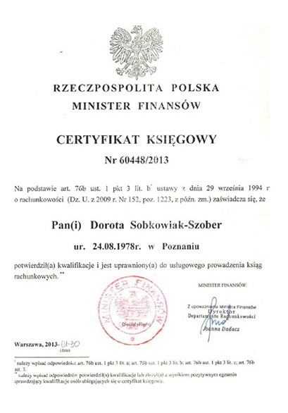 Certyfikat Księgowy Ministerstwa Finansów - Dorota Sobkowiak - Szober